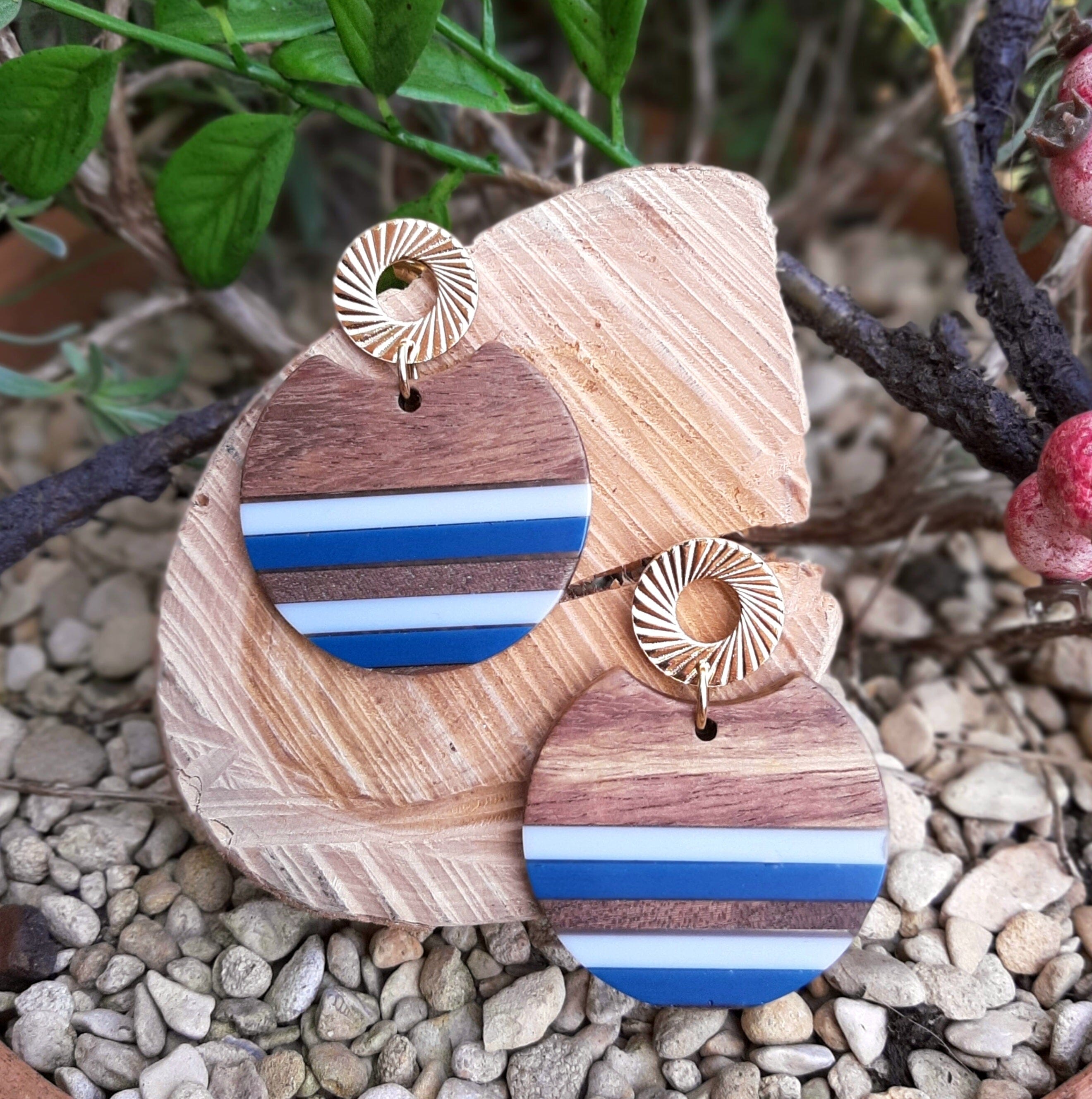 Ocean Vibes Blue Circle Resin & Wood 24K Earrings