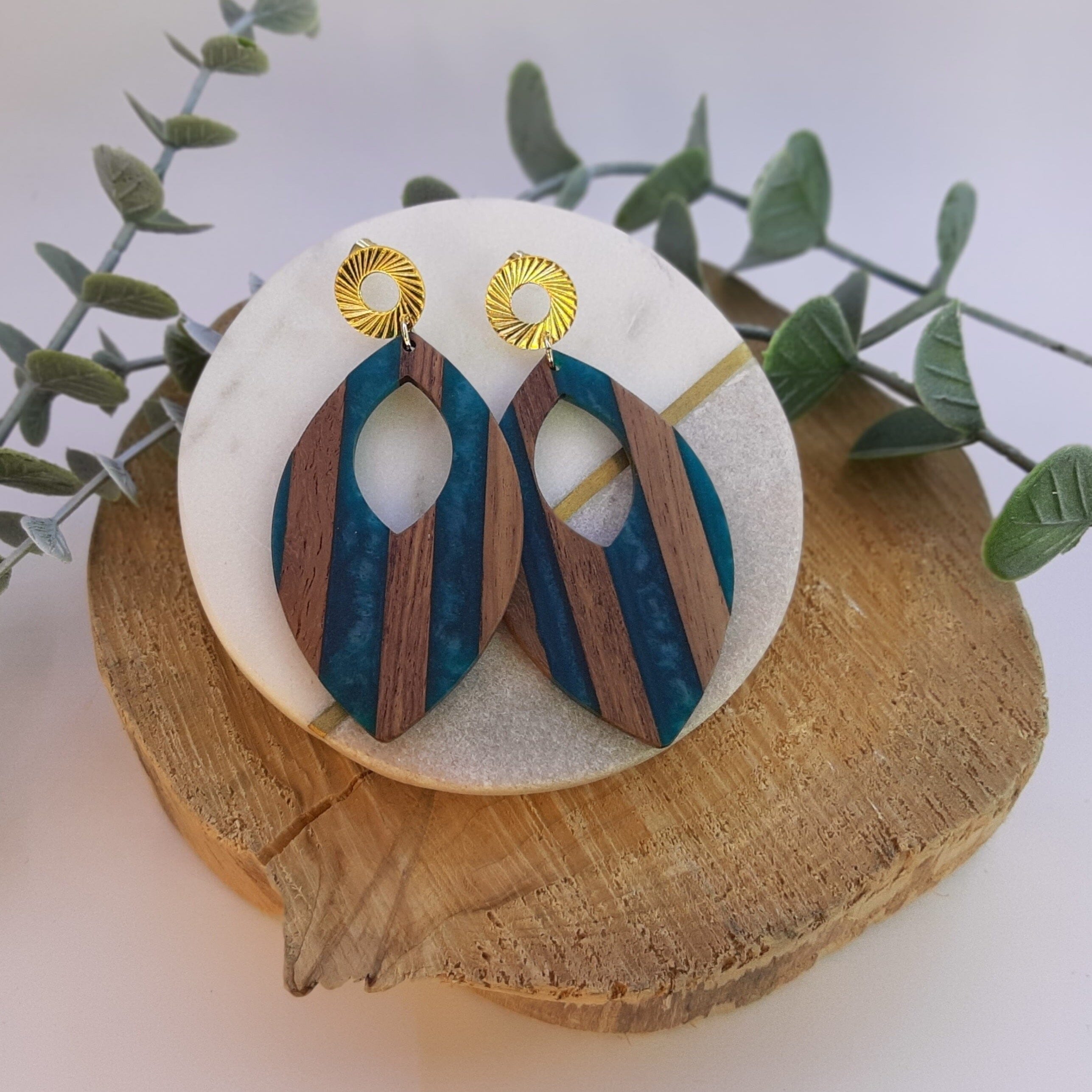 Ocean Vibes Blue Leaf Resin & Wood 24K Earrings