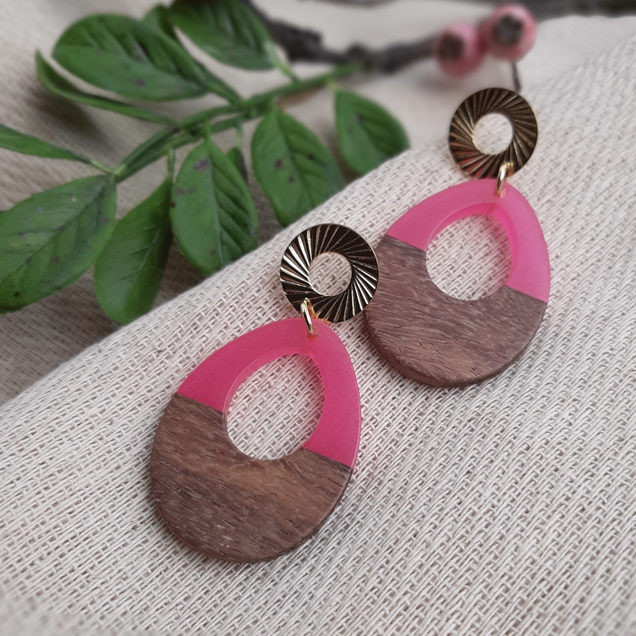 Pink Teardrop Resin and Wood 24k Earrings