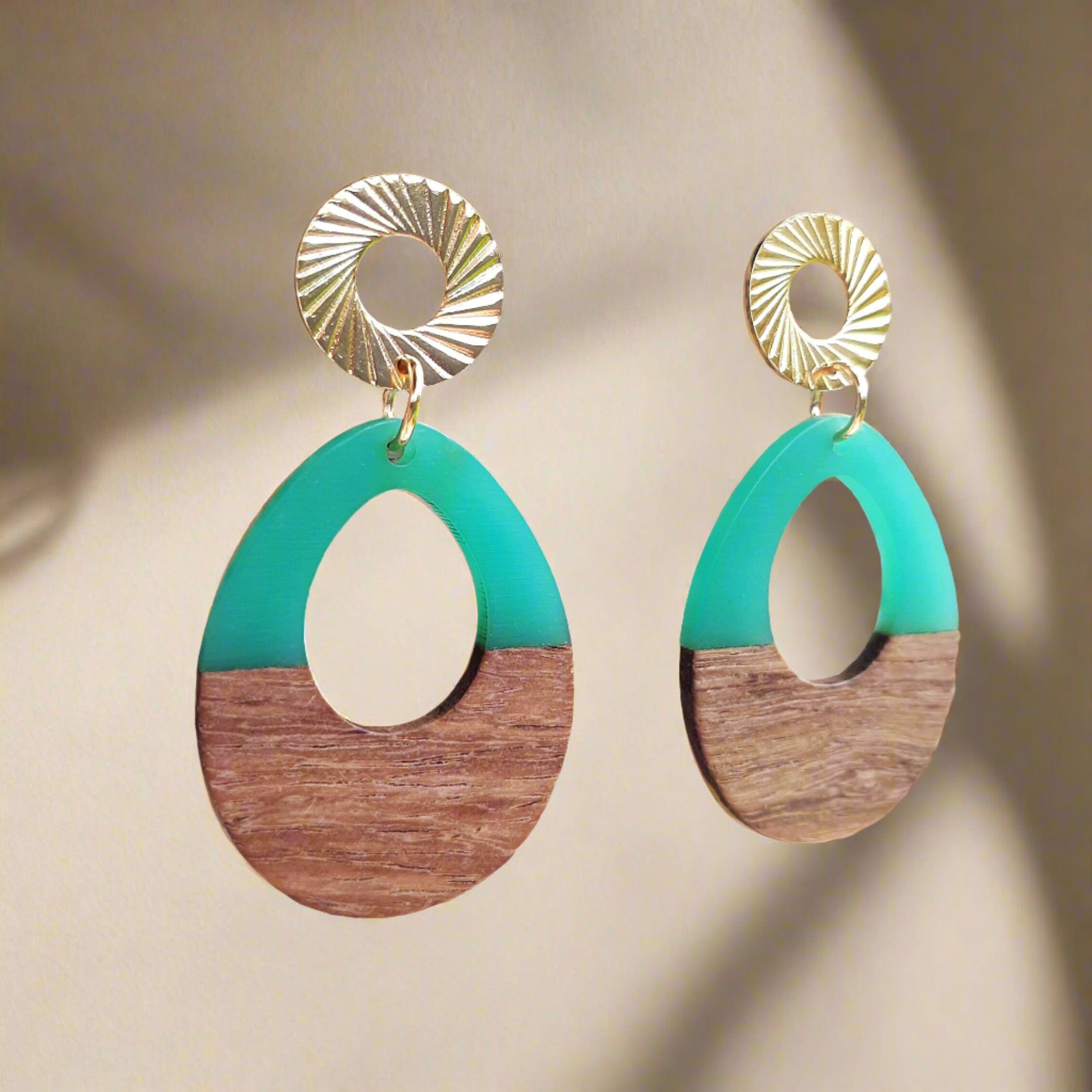 Turquoise Teardrop Resin and Wood 24k Earrings