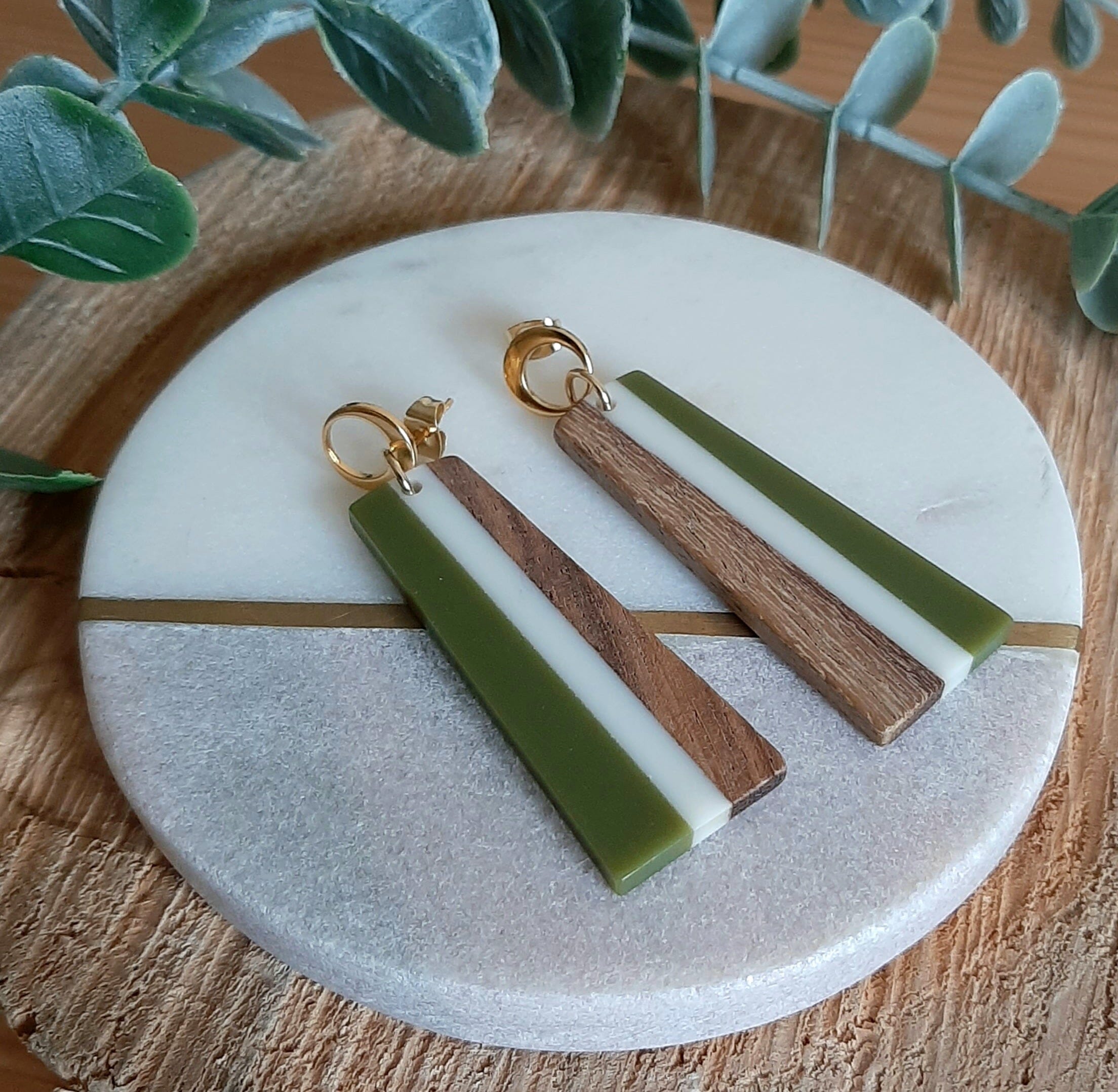 Green Long Rectangular Resin and Wood Earrings