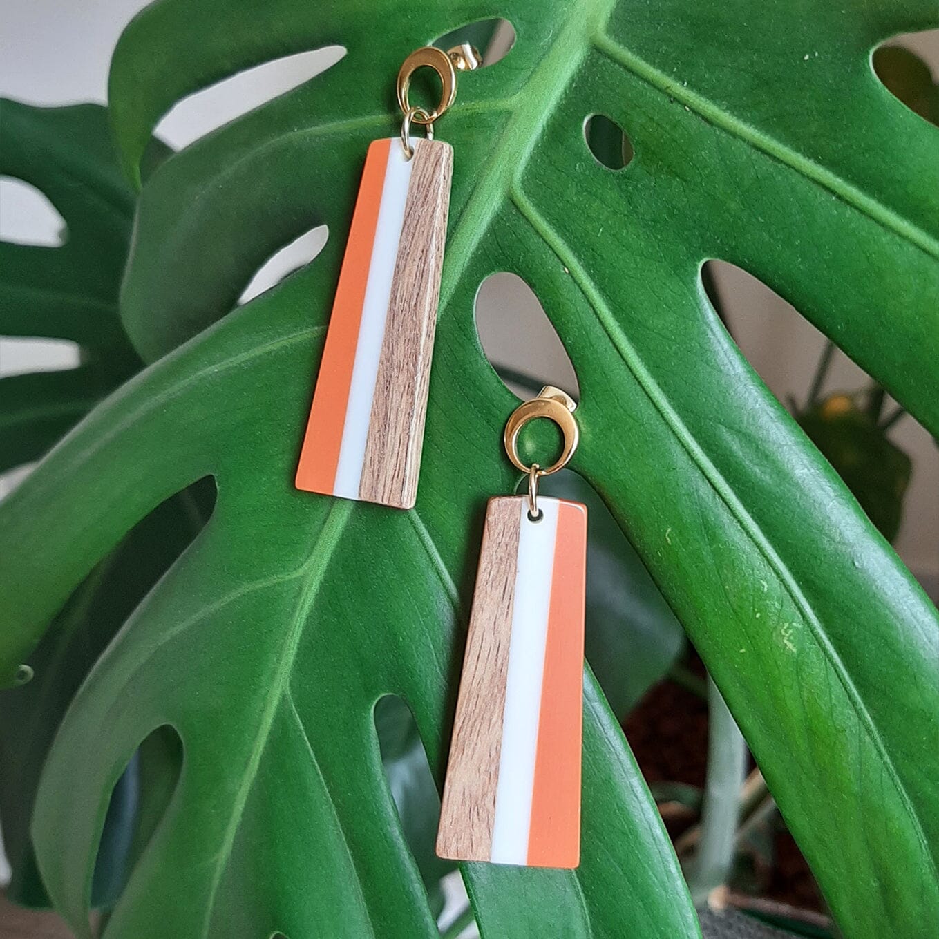 Orange Long Rectangular Resin and Wood 24K Earrings