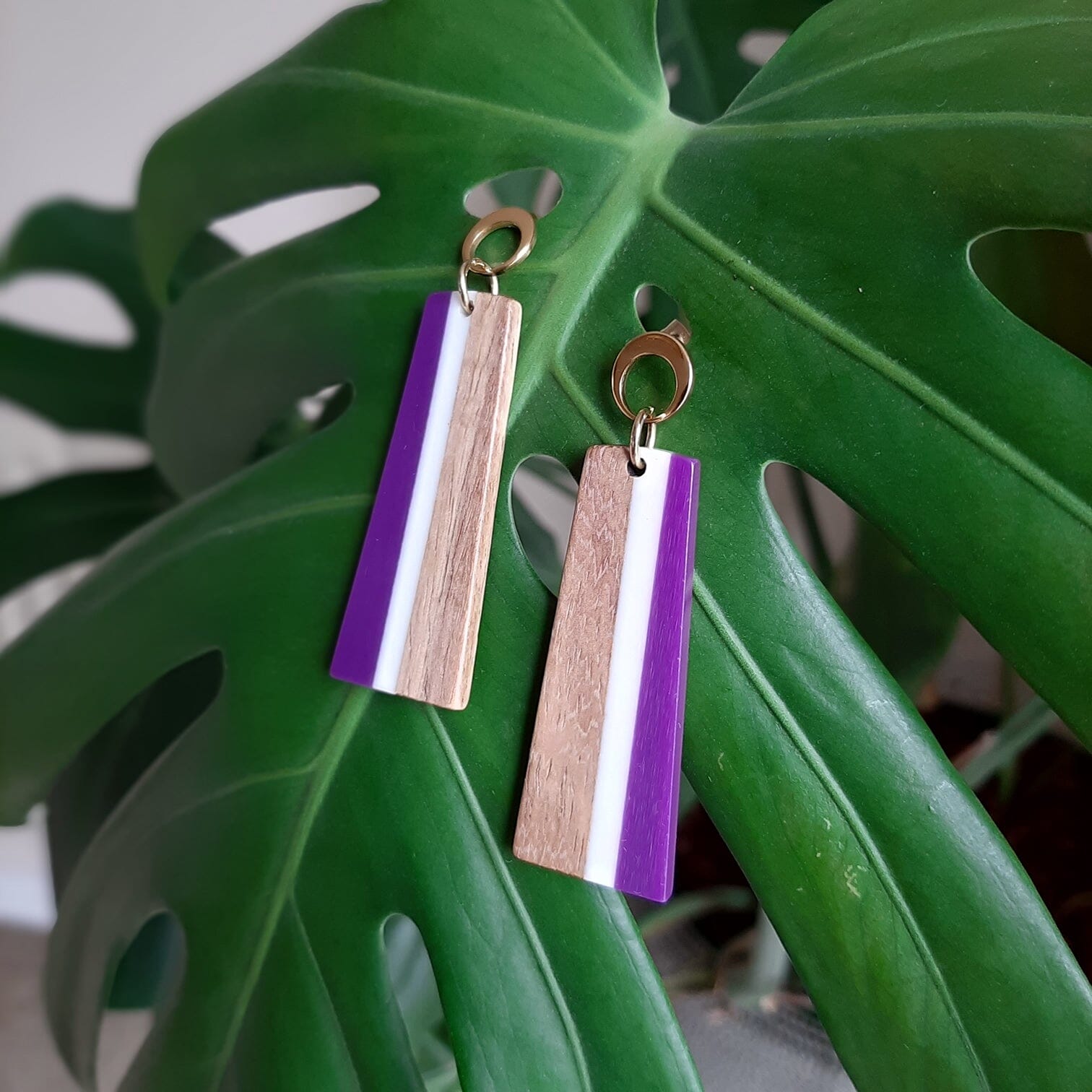 Purple Long Rectangular Resin and Wood 24K Earrings