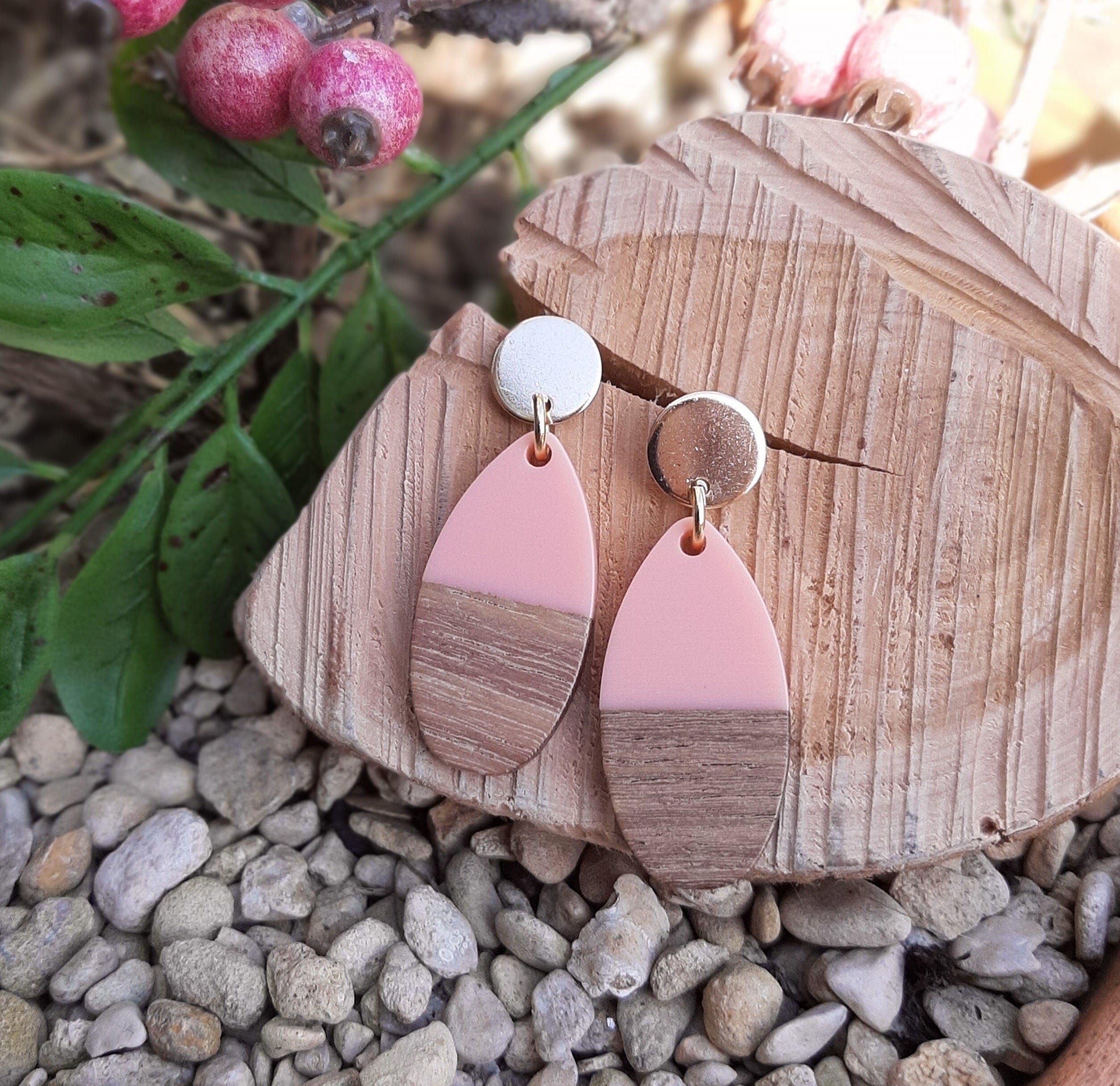 Pink Oval Resin & Wood 24K Earrings