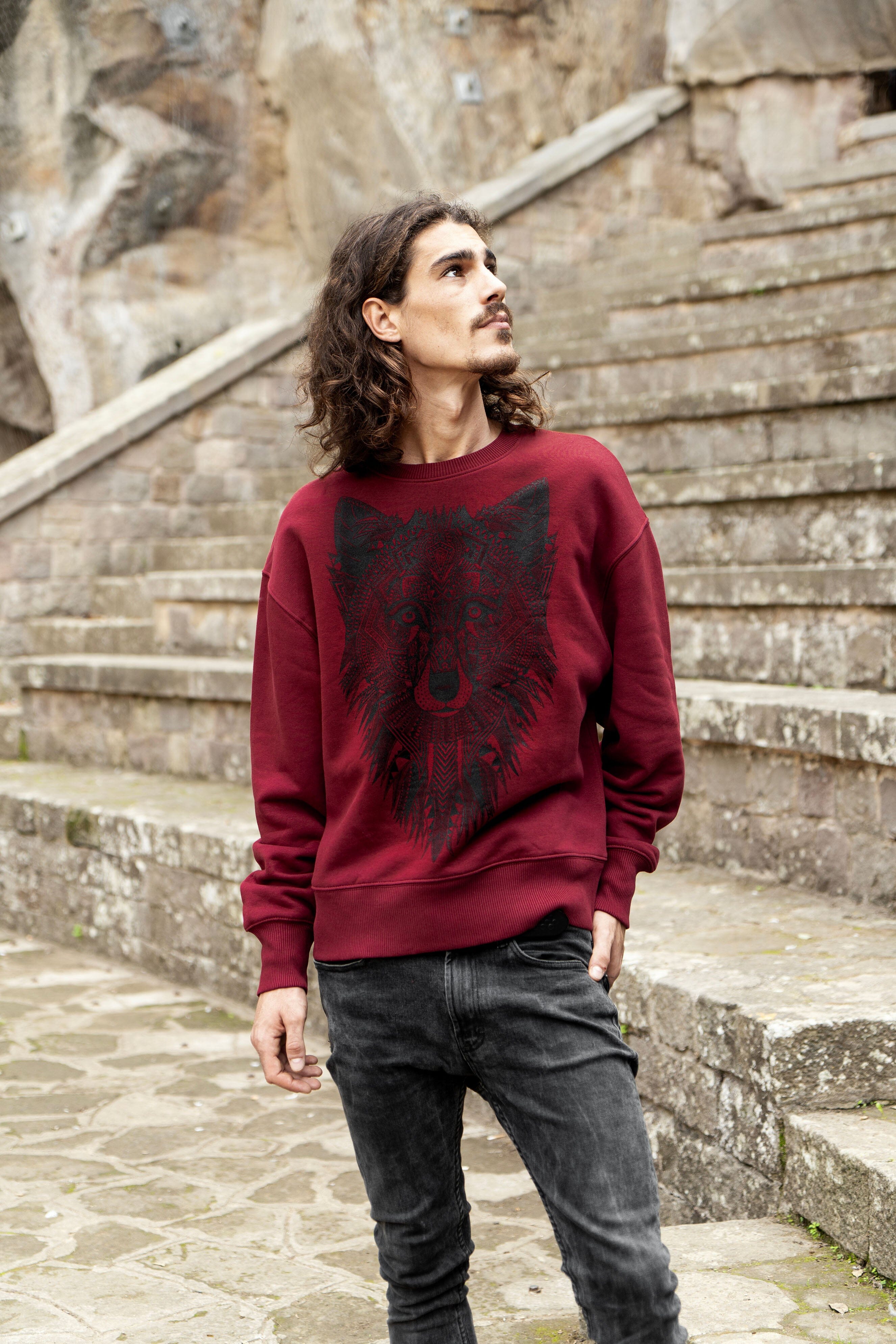 Men s Relaxed Sweatshirt Grey Wolf S Burgundy