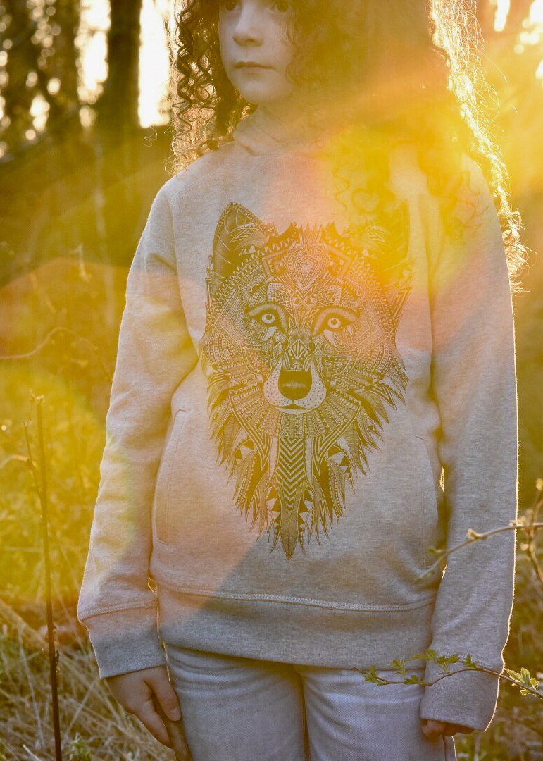 Grey Wolf Organic Kids Hoodie Illustrate